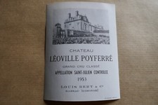 1953 etiquette ancienne VIN Château LEOVILLE POYFERRE Grand Cru St JULIEN