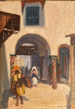 LUCIENNE CAPDEVIELLE TABLEAU 1920 PEINTURE SCÈNE ANIMÉE CENTRE VILLE  ALGÉRIE