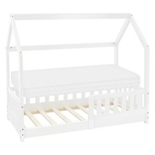 Lit d'enfant design maison bois blanc barrières latérales avec matelas 140x70 cm