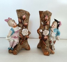 SOLIFLORE COUPLE D'ENFANTS PORCELAINE ALLEMANDE DECOR POLYCHROME PEINT MAIN 1930