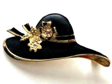 Broche Vintage Femme Chapeau Noir Doré Fleurs Neuve 6,2cm rétro