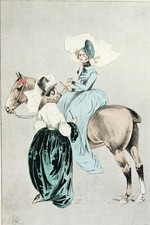 ÉQUITATION -JEUNE FEMME à CHEVAL en AMAZONE (habillée par Humann) - Gravure 19e