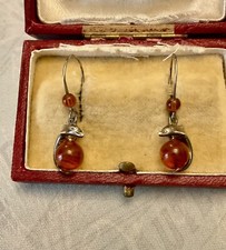 VÉRITABLE AMBRE ARGENT MASSIF SCULPTÉ, ANCIENNES BOUCLES D’OREILLES