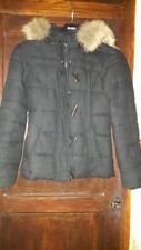 Manteau 50 % laine noir à capuche col fausse fourrure T M