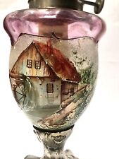 Ancienne Lampe /Pétrole Émaillé/paysage /lacustre/moulin/Legras/Jem/art-nouveau.