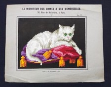 CHAT  BLANC RARE GOUACHE ORIGINALE SAJOU MARS 1855  POINTILLISME ET CUBISME 
