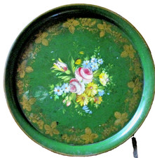 ANCIEN GRAN PLATEAU EN TOLE PEINTE NAPOLEON III-DECR DE FLEURS PEINT DIAM 50 cm