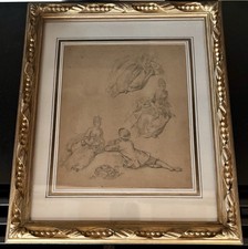 Dessin Ancien Crayon Étude XIXEME Robe Personnages Scène Galante