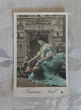 Carte Postale Ancienne Fantaisie Heureux Noël Femme Cadeaux Jouet Cheval Poupées