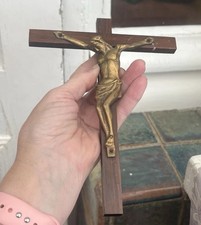 8” French Wall Cross Crucifix Wood Solid Bronze Mid Century Modern Christ Wooden
