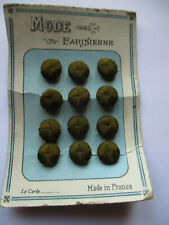 Carte 12 petits boutons anciens 1900 brodés "Mode Parisienne" vert olive foncé