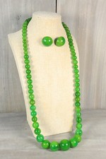 Antique French Green Bakelite Beaded Necklace Graduated Round Beads & Earrings