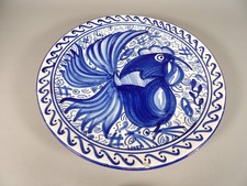 Grande Assiette en Céramique émaillée - Coq Bleu Stylisé - Signée M. VALERO