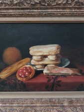 Georges DROUIN tableau ancien fin XIX nature morte brioche cuisine huile toile