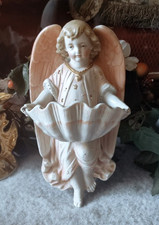 ANTIQUE BENITIER ANGE GARDIEN ROSE JEUNE FILLE EN BISCUIT FRENCH HOLY FONT ANGEL