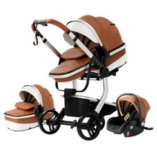 Poussette 3 en 1 Bébé Combinée Siège-Auto Nacelle Trio Réversible cuir pu.MARRON