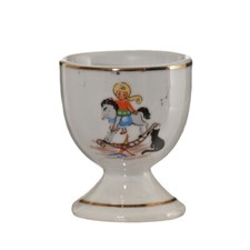 Ancien Coquetier Décoratif Fillette sur Cheval a Bascule avec Chat en Porcelaine