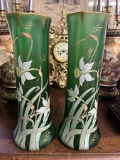 Paire de Vases Art Nouveau verre Vert  émaillé Jonquilles LEGRAS