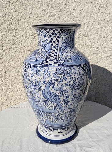 Grand vase faïence bleu - , blanc