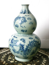 ANCIEN GRAND VASE DOUBLE GOURDE DRAGON PORCELAINE CELADON CHINE CHINESE DRAGON