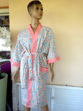 PEIGNOIR D'ETE EN COTTON FLEURIE ROSE & VERT TAILLE UNIQUE NEUF VINTAGE KIMONO