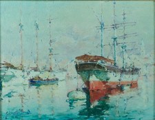 Beau Tableau Ancien Marine Marseille le vieux port Bateaux  Gilbert Galland 1900