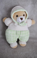 Peluche NOUNOURS Doudou Ours Beige Vert  Carreaux Capuche  Ancien Vintage 26 Cm