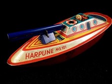 Ancien jouet tôle bateau mécanique Pêche Harpon esquimau M Seidel Germany MS