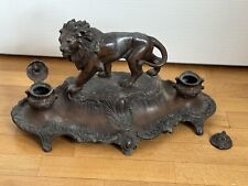 Encrier en Régule (aspect Bronze), Sculpture De Lion, Signé Auguste Bossu (1890)