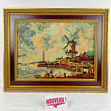 ➜SUBLIME TABLEAU/CADRE CANEVAS "MOULIN À VENT" tapisserie broderie vintage