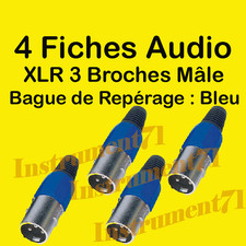 4 FICHES XLR 3 BROCHES MALE REPERAGE CAPOT BLEU CONTACTS A SOUDER
