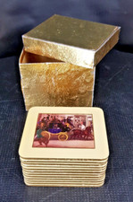 lot de 12 sous verre en bois vernis décor diligence carrosse fonds cuir + boîte