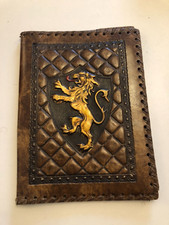 ❤️ANCIEN protège cahier livre couverture en cuir  décor au lion vintage