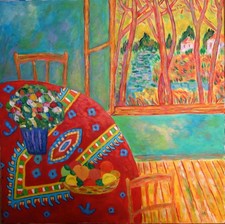 Grand intérieur à la nappe provençale. XXe s. Signé