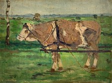 Peinture À L'Huile Impressionniste 1913 Paysage Avec Vache Et Bouleau Afred Haag