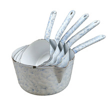 Belle Série de 5 Casserole Email Blanc Marbré Bleu 1920-30 Collection Decoration