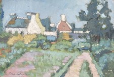 LUCIENNE CAPDEVIELLE TABLEAU 1920 PEINTURE JARDIN ET MAISON EN BRETAGNE