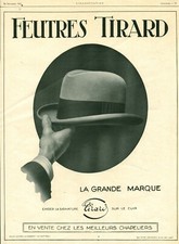 Publicité Ancienne chapeaux feutres Tirard 1925  issue de magazine