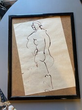 Tableau Nu Féminin stylisé non signé sur craft encre de chine cadre vintage