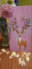 Belle Peinture À La Gouache Poétique, Fait Main ! Le Cerf Fleuri. Signé. 