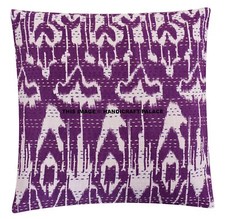 Kantha Coussin Housse Coton Violet Blanc Ikat Oreiller Décor Indien