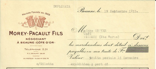 Facture 1953 beaune - -,