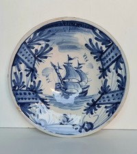 Assiette faïence Espagne 18 / 19ème décor bateau voilier certainement Talavera