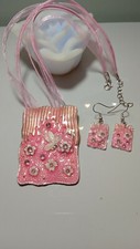 Pendentif  rectangle et Fleurs + boucles d'oreilles - Rose - Style vintage