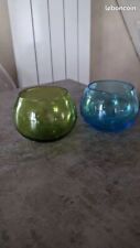 Lot de 2 petits photophores/vases en verre bleu et vert,  hauteur 12 cm, TBE