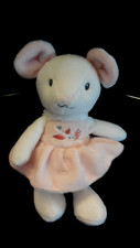doudou peluche souris blanche robe rose brodé oiseau TEX 19cm