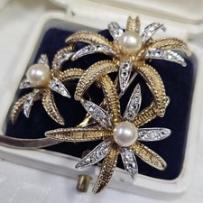 Broche Vintage En Argent Et Vermeil Serti De Zircons Et Perles Brassée De Fleurs