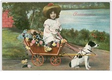 CHIENS.VOITURE A CHIEN.ANNIVERSAIRE.FILLETTE DANS UNE CHARETTE