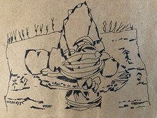 Beau Dessin Cubisme 1960 Corbeille Fruit Signé JM Cubiste Encre A Identifier