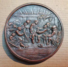 Grosse médaille ancienne uniface en bronze (Scène dans une auberge ?)